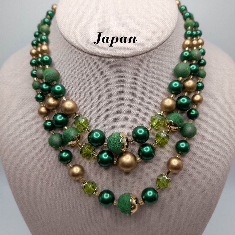 Vintage Japan 3-Strand Green Faux Pearl and Gold Tone Bead Necklace, 16"